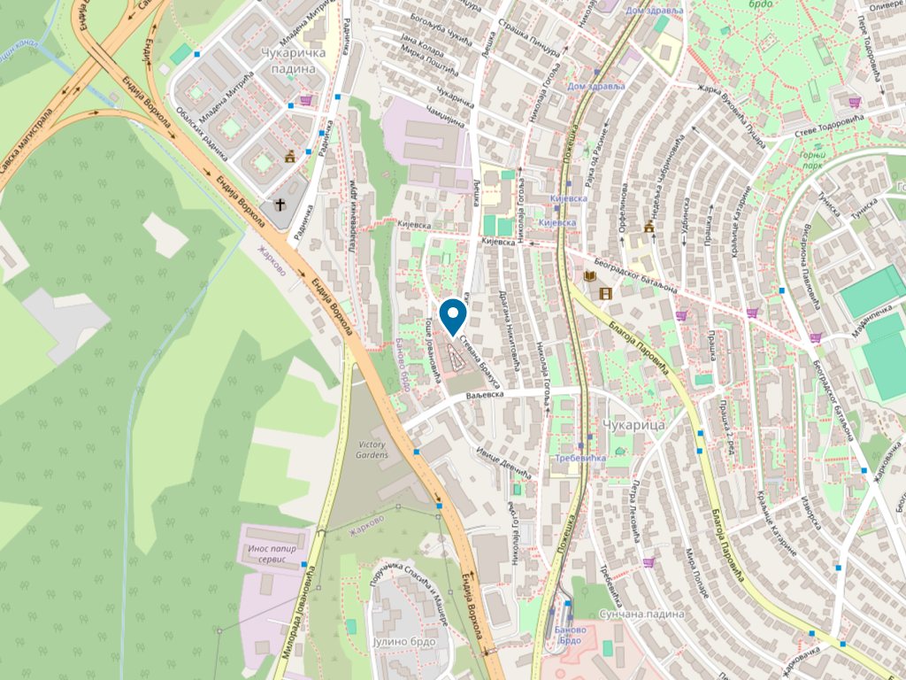 Mapa Banovog brda sa označenom lokacijom u Ulici Stevana Brakusa 4 u Beogradu