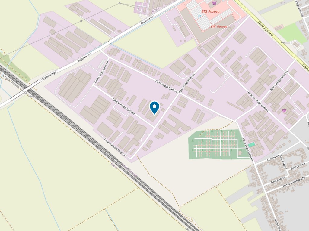 Mapa industrijske zone Nove Pazove sa označenom lokacijom u Šestoj industrijskoj 2